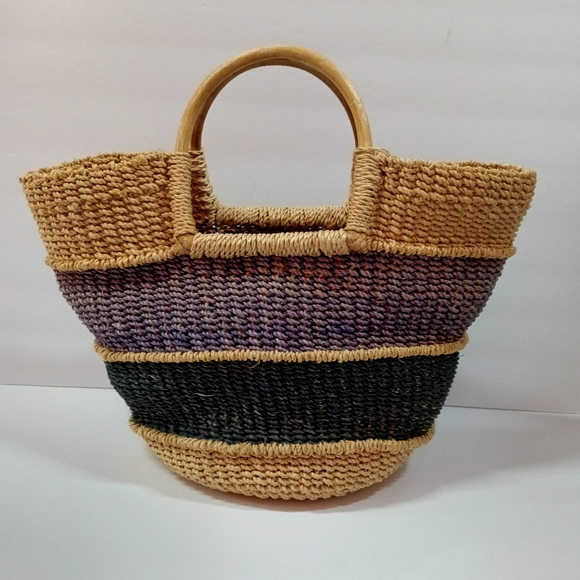 Natural Fiber Vintage Handmade Rope Tote Blue/Tan Stripes with Wooden Handles - Picture 1 of 10